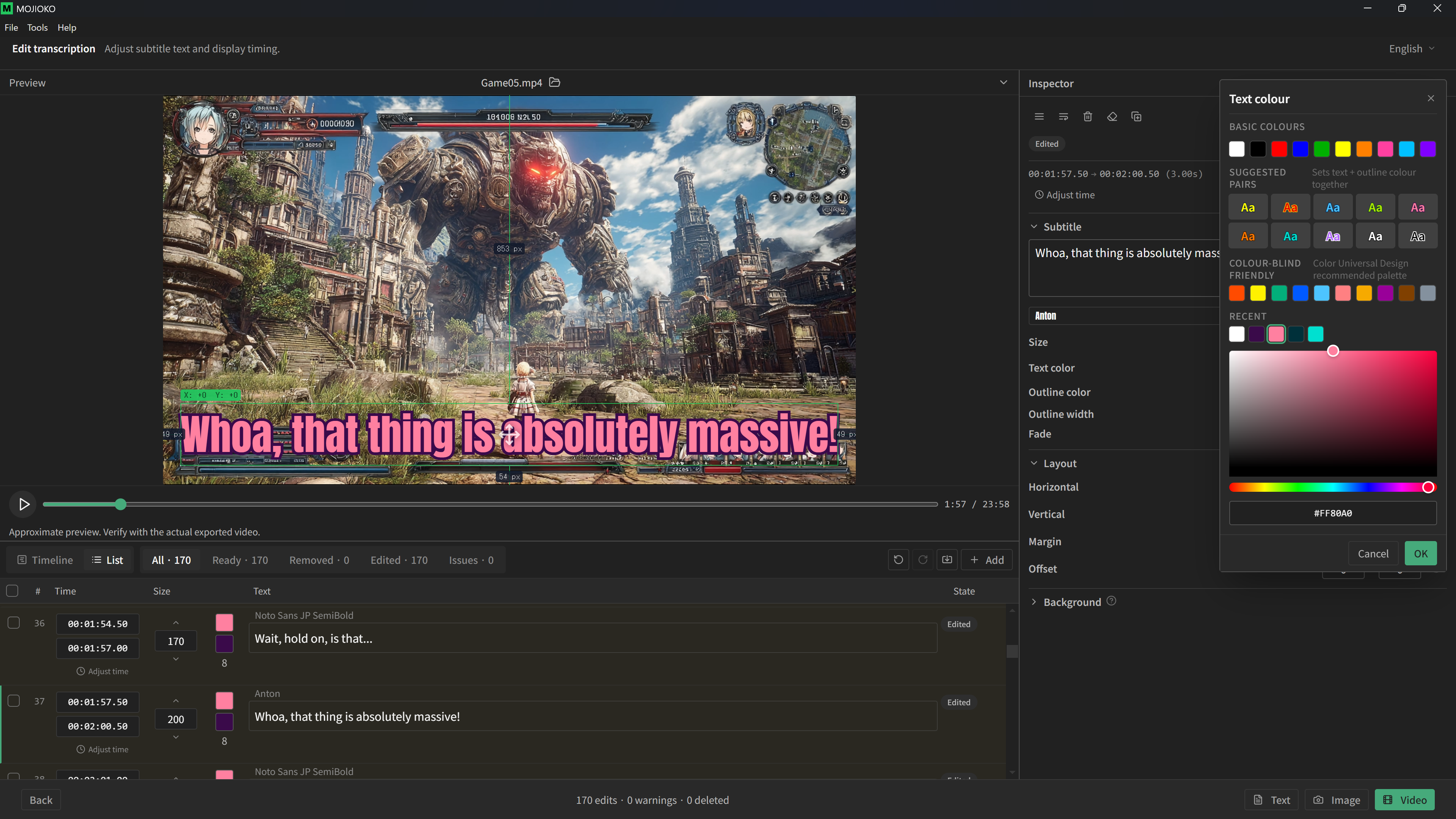 Editing subtitle text and appearance