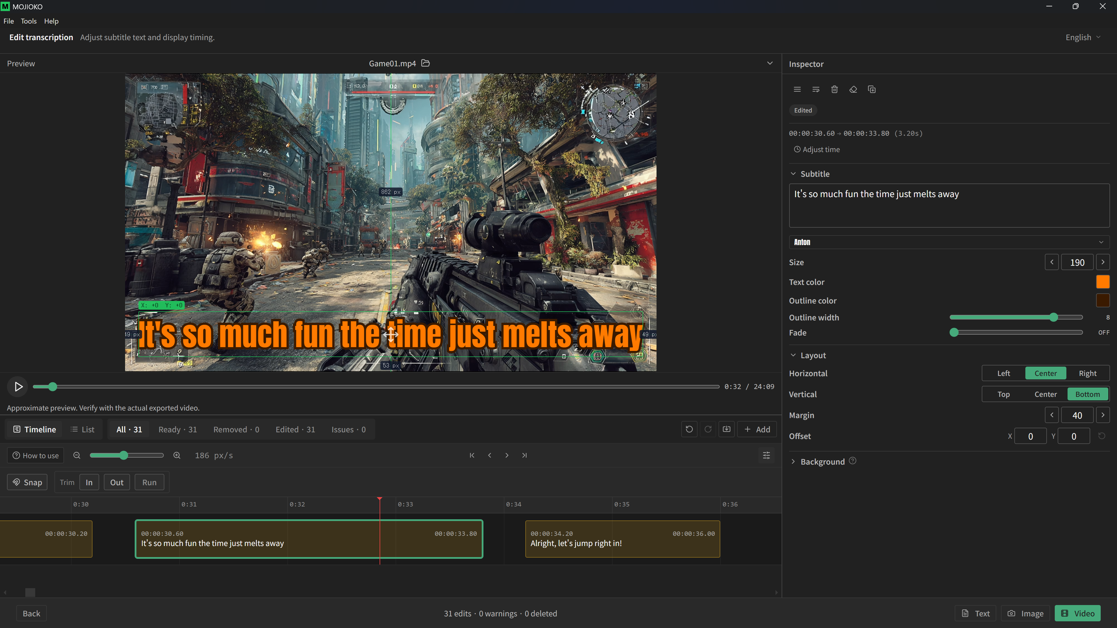 Adjusting subtitle timing on the timeline