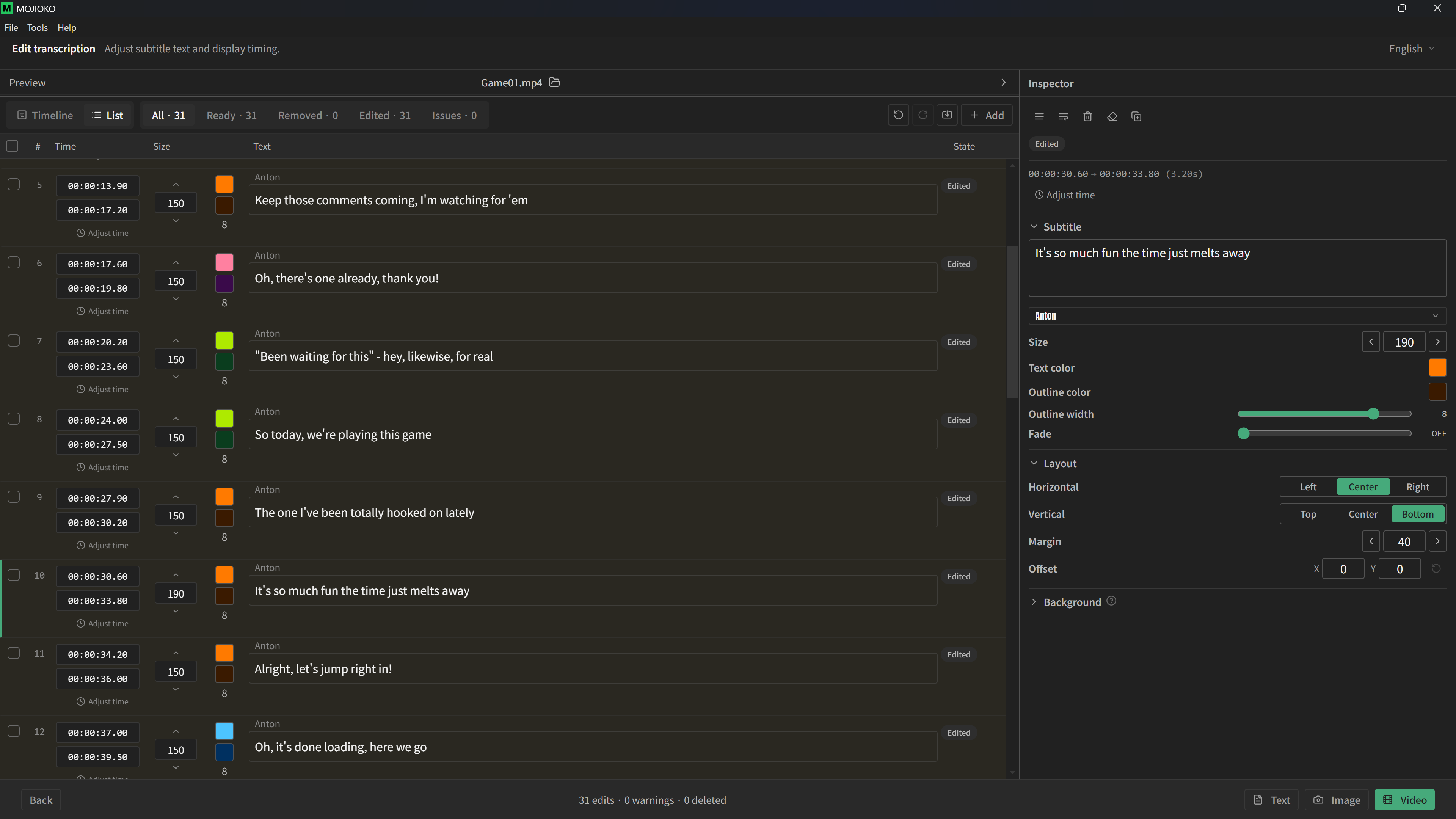 List view for reviewing and editing subtitles