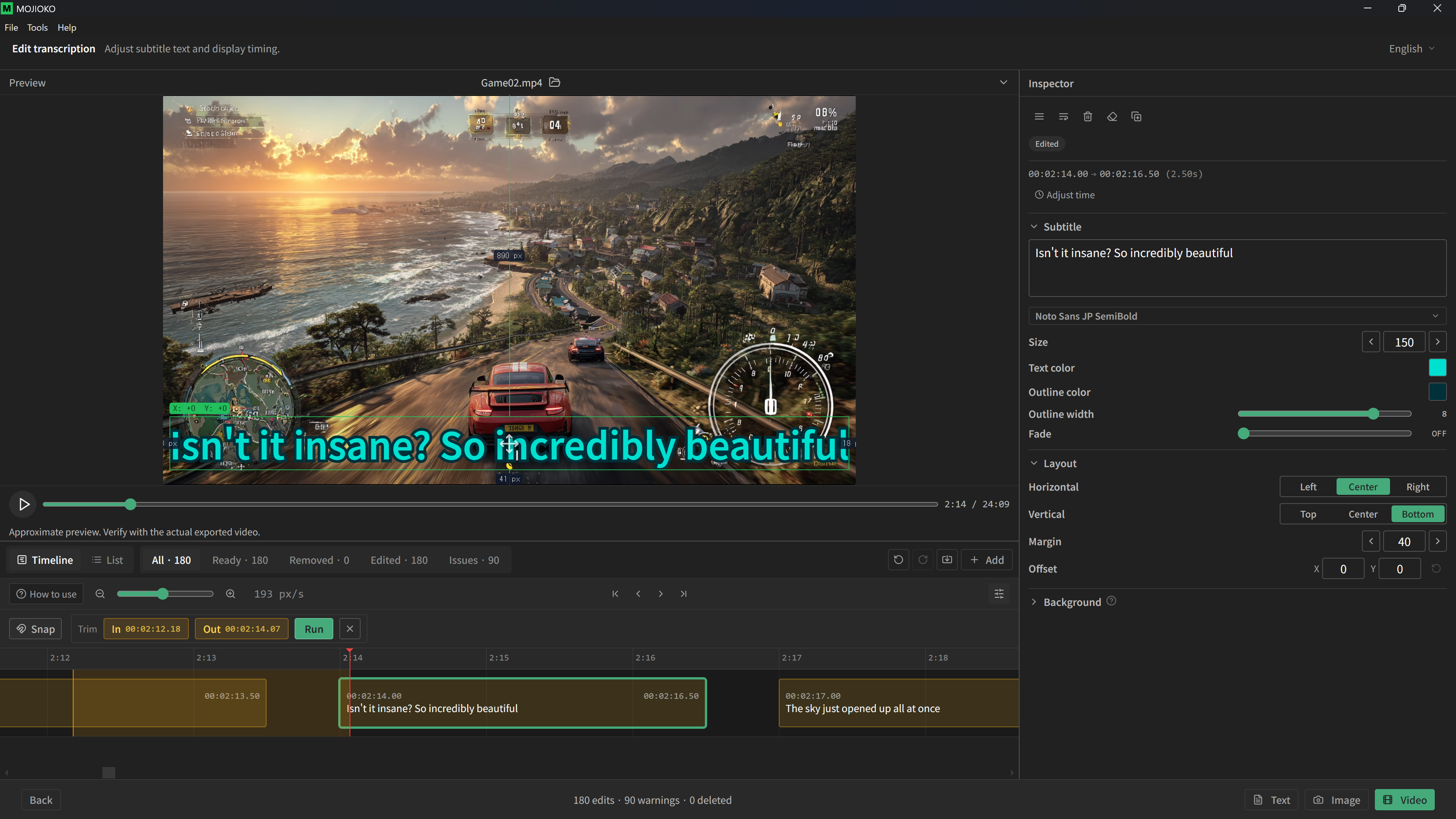 Trimming unwanted sections on the timeline