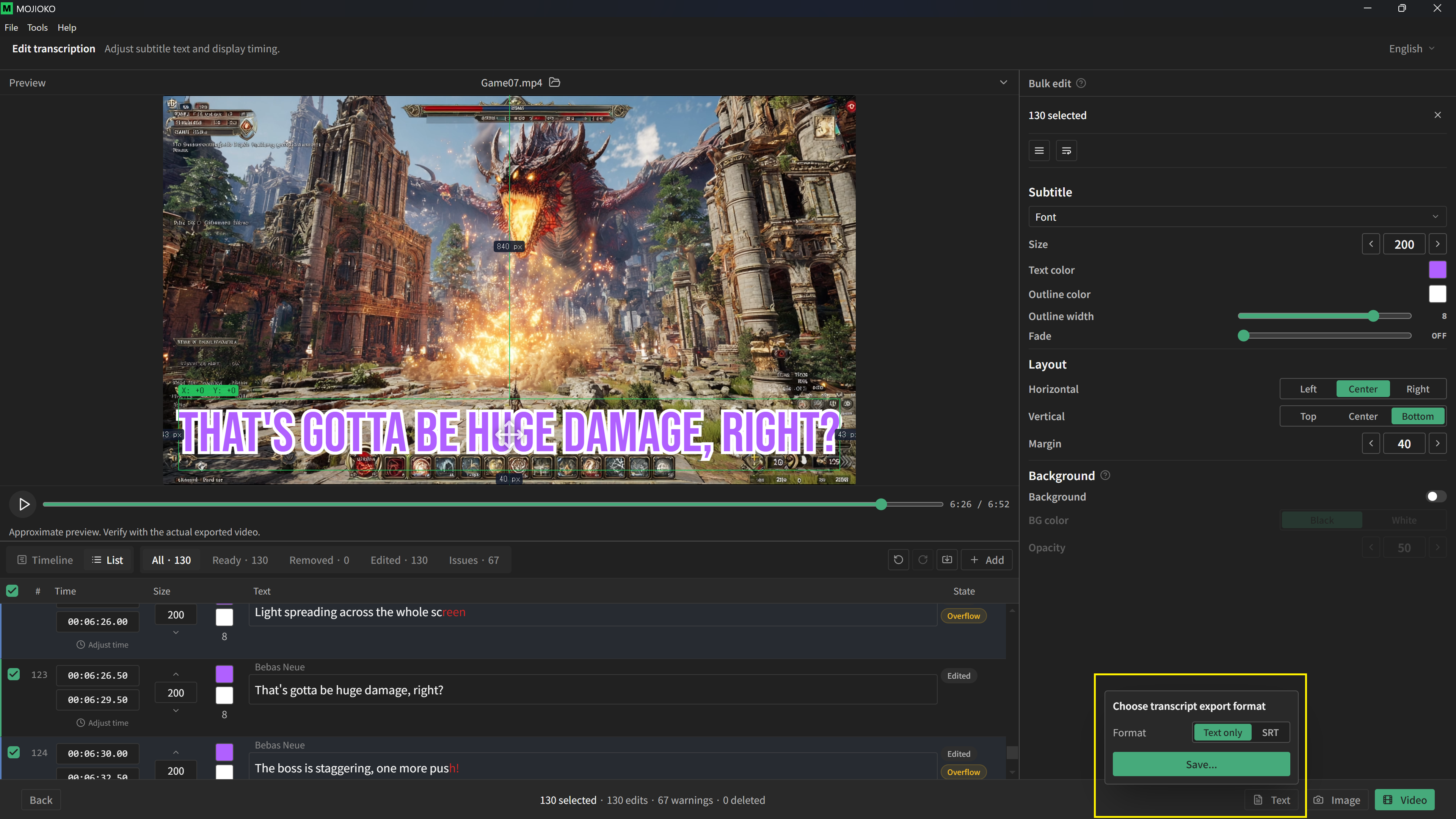 Exporting subtitles as text or SRT