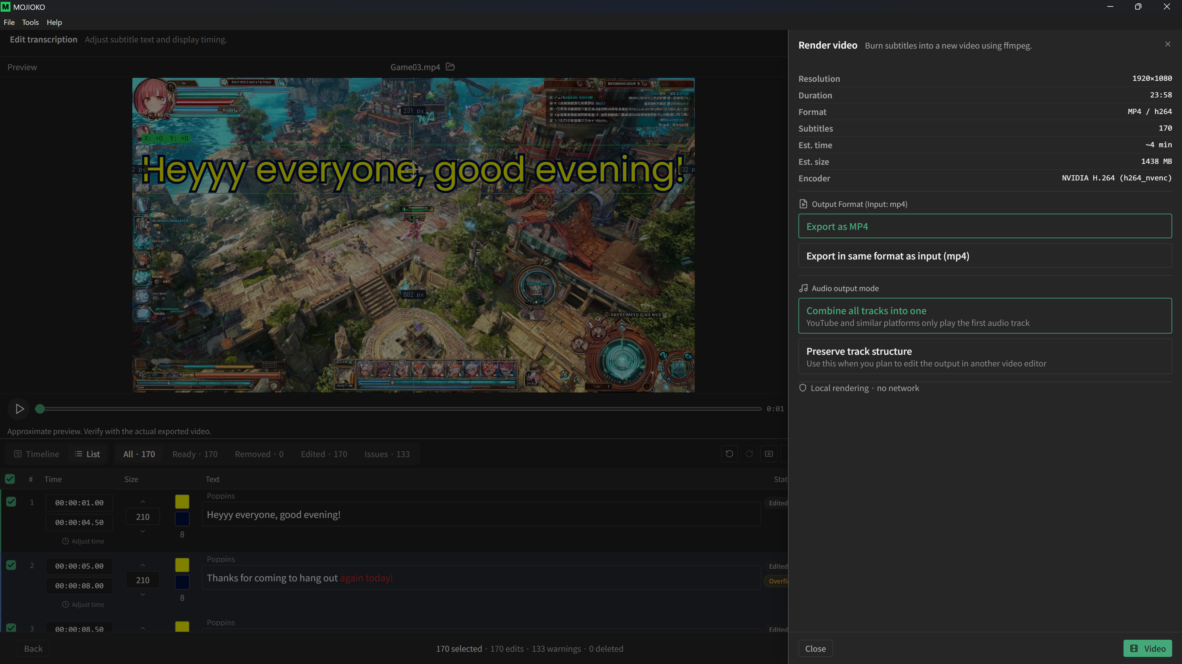 Burning subtitles into video for export