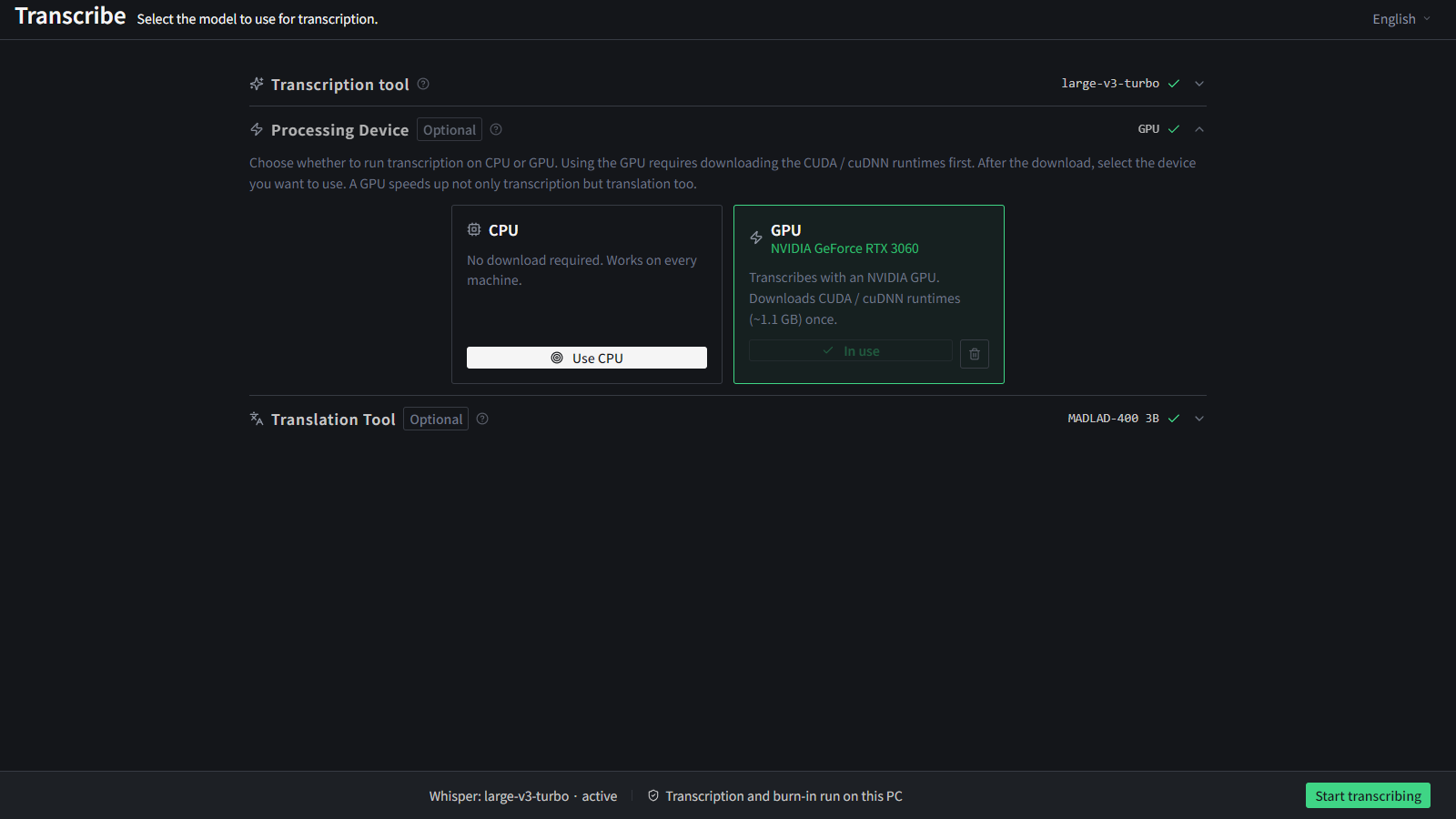 GPU acceleration settings