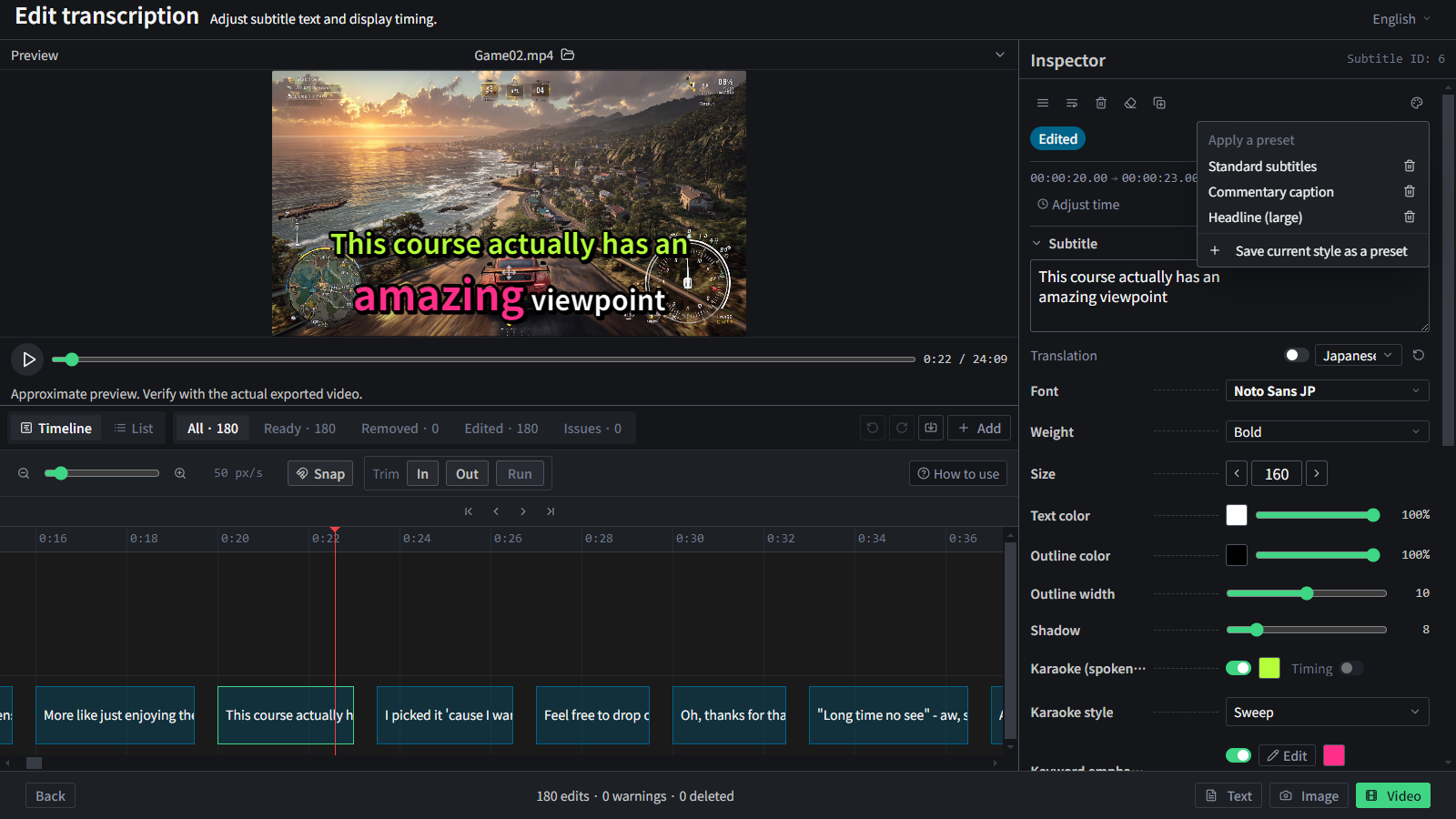 Saving and applying a subtitle style preset