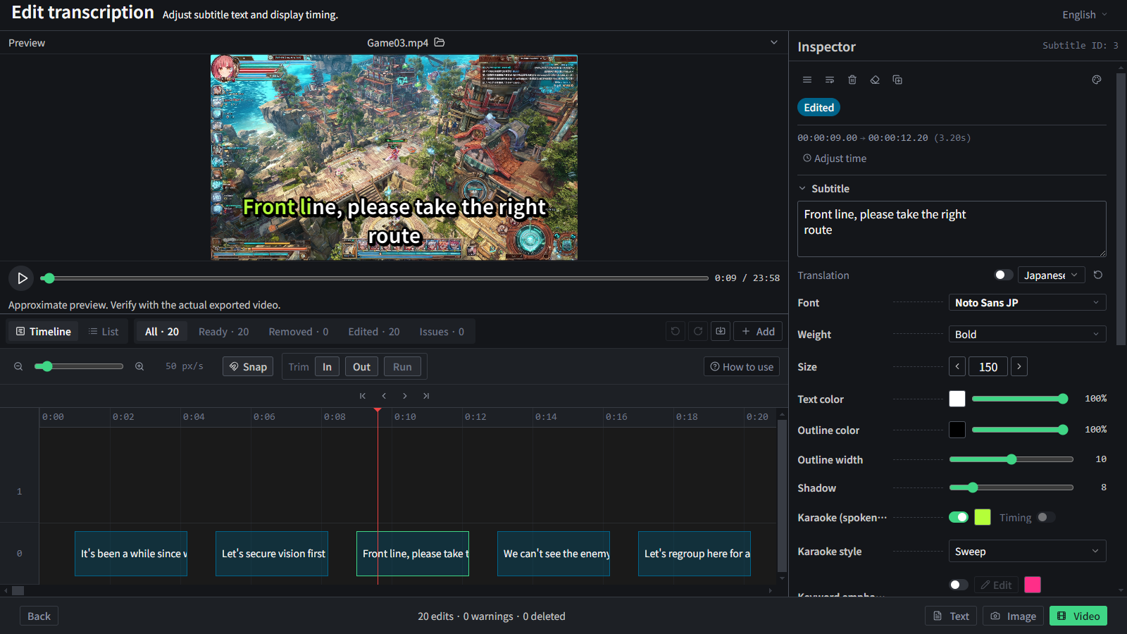 Exporting subtitles as text or SRT