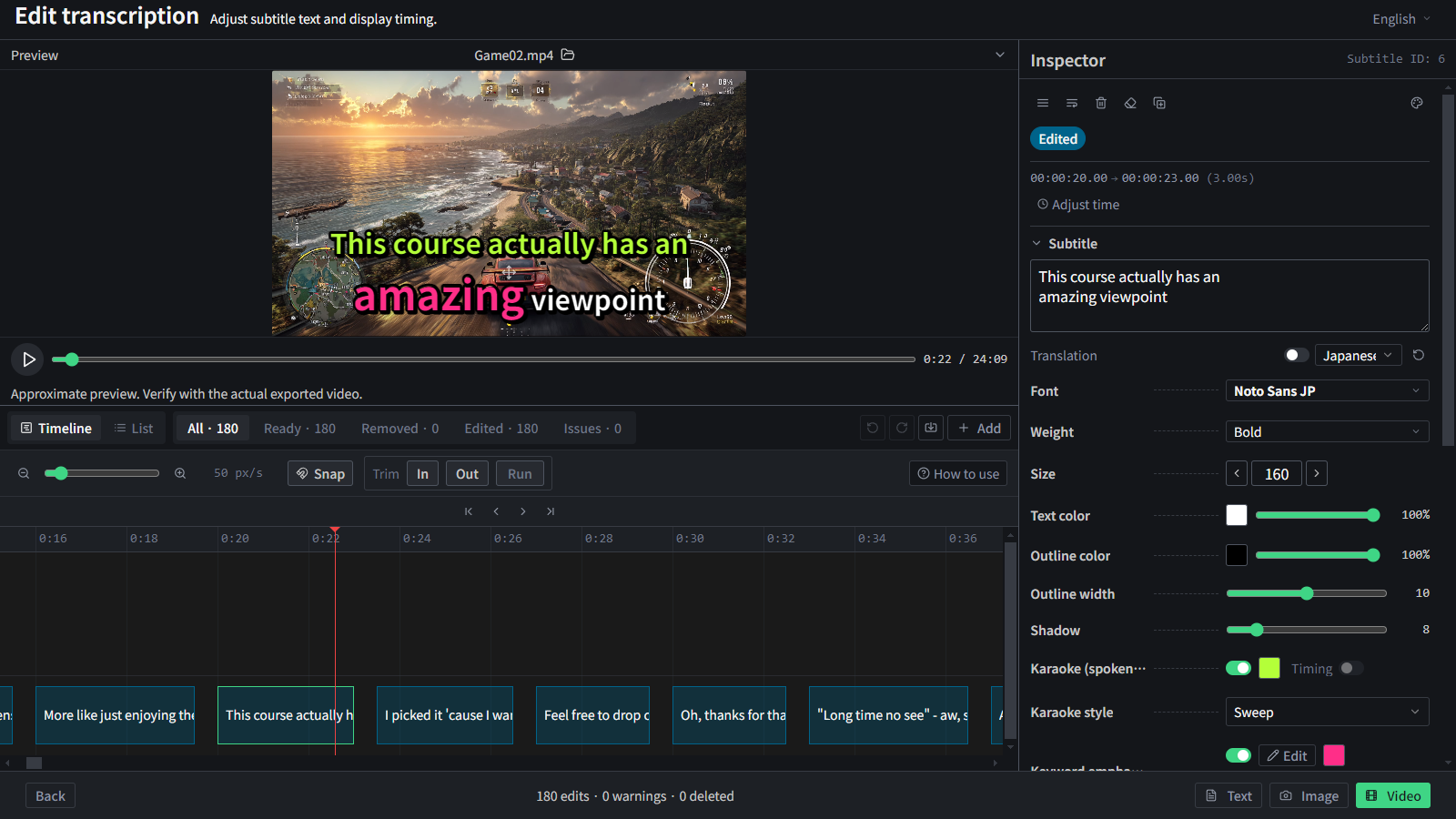 Keyword emphasis and per-subtitle styling