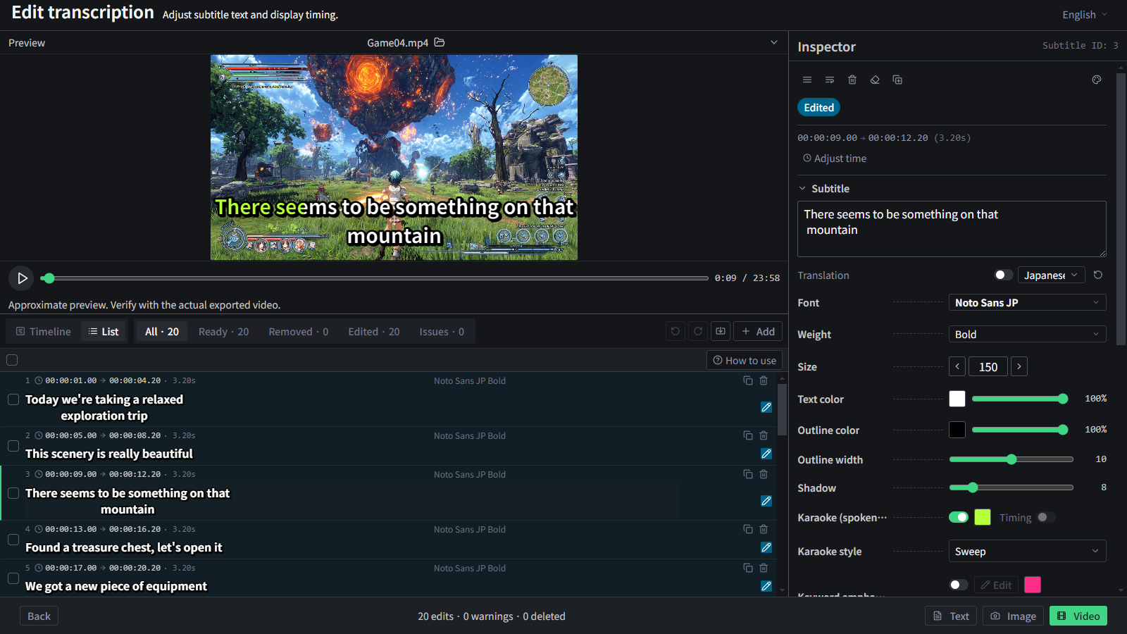 List view for reviewing and editing subtitles