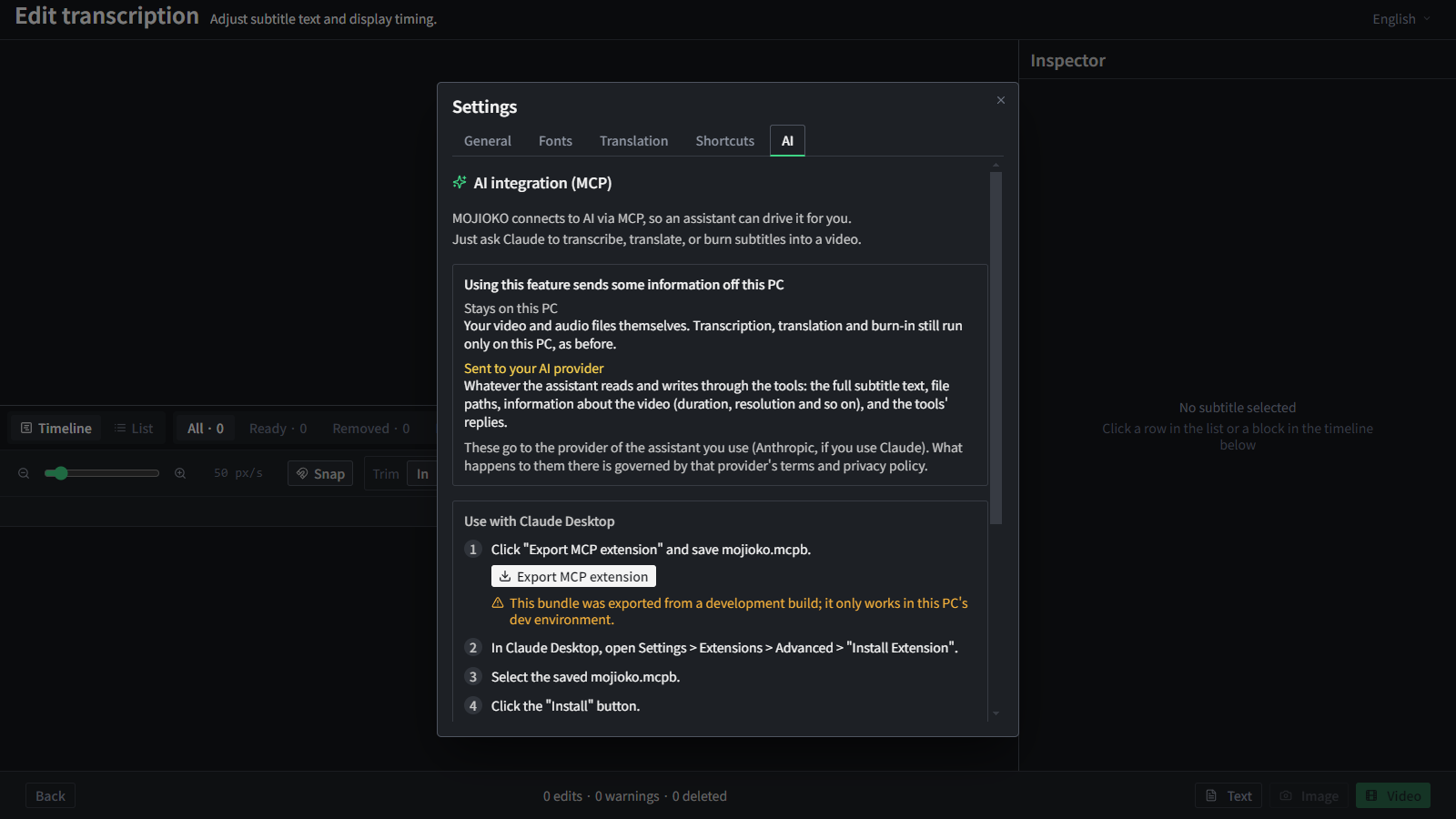 The AI integration (MCP) tab in Settings