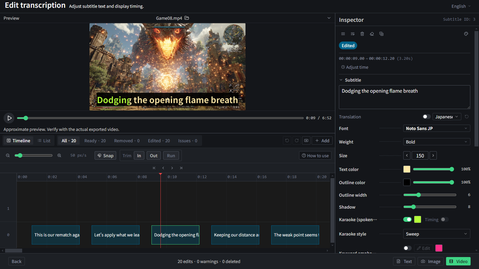 Editing subtitle text and appearance